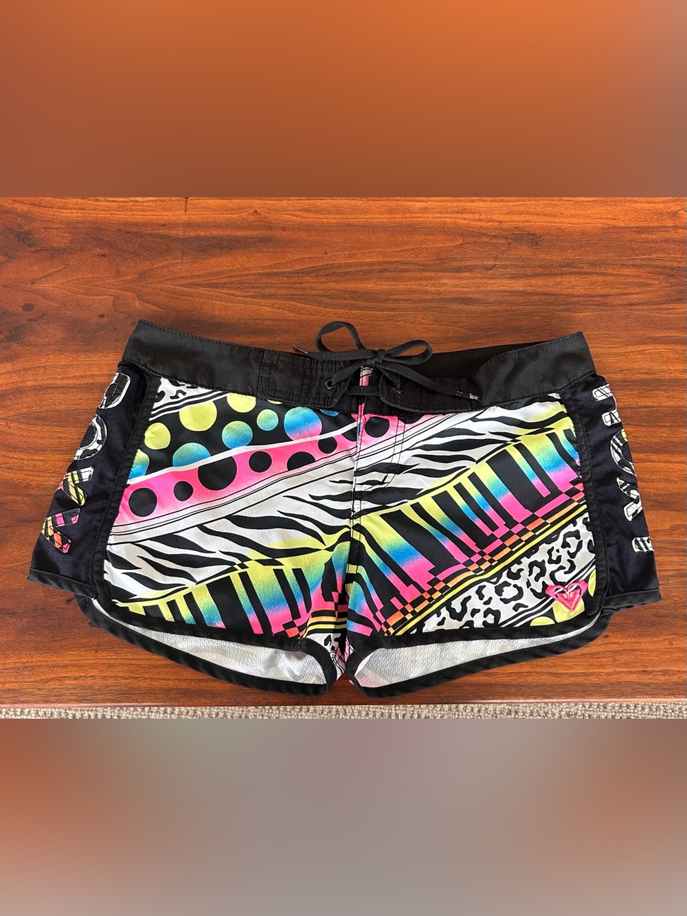Roxy Women’s Neon Multi Color 2010 Y2K Swim/Board micro Shorts size 5